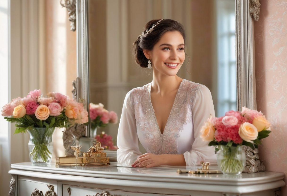 A woman standing confidently in a sunlit room, surrounded by elegant decor, makeup tools, and fashion accessories. She's looking into a mirror with a radiant smile, embodying grace and style. Use gentle, pastel colors to create a soft, inviting atmosphere. super-realistic. vibrant colors.