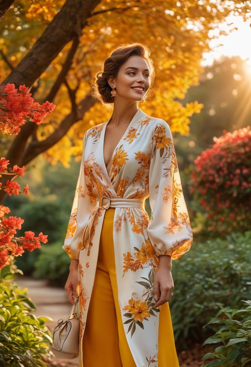 A captivating figure standing confidently under a warm, golden sunset, with a radiant smile and sparkling eyes, surrounded by an elegantly designed natural environment. Stylish modern outfit with subtle accessories. The background features blooming flowers, gently swaying trees, and soft sunlight. super-realistic. vibrant colors.